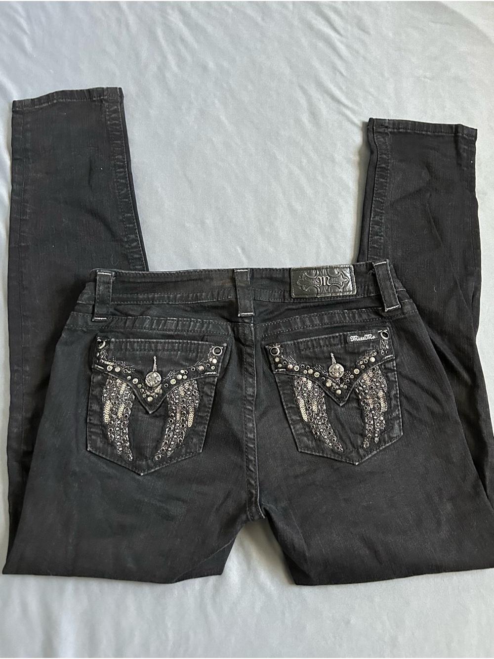 Miss Me Jeans Women's 30 Blue Signature Skinny Angel Wings Bling Rhinestones